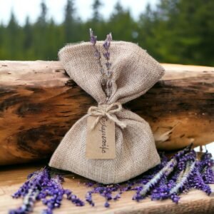 Μπομπονιέρα πουγκί λινάτσα με λεβάντα